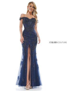 ColorsCouture - Blue beaded evening gown with knee-length slit - US size 8